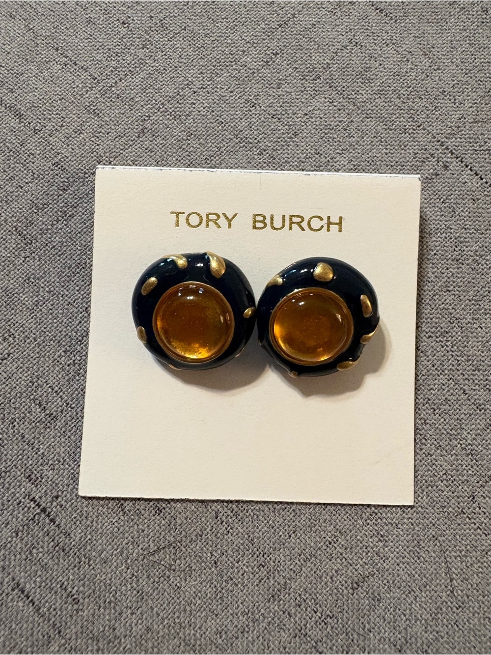 Tory Burch Black and Amber Resin Dome Earrings with Gold Accents
